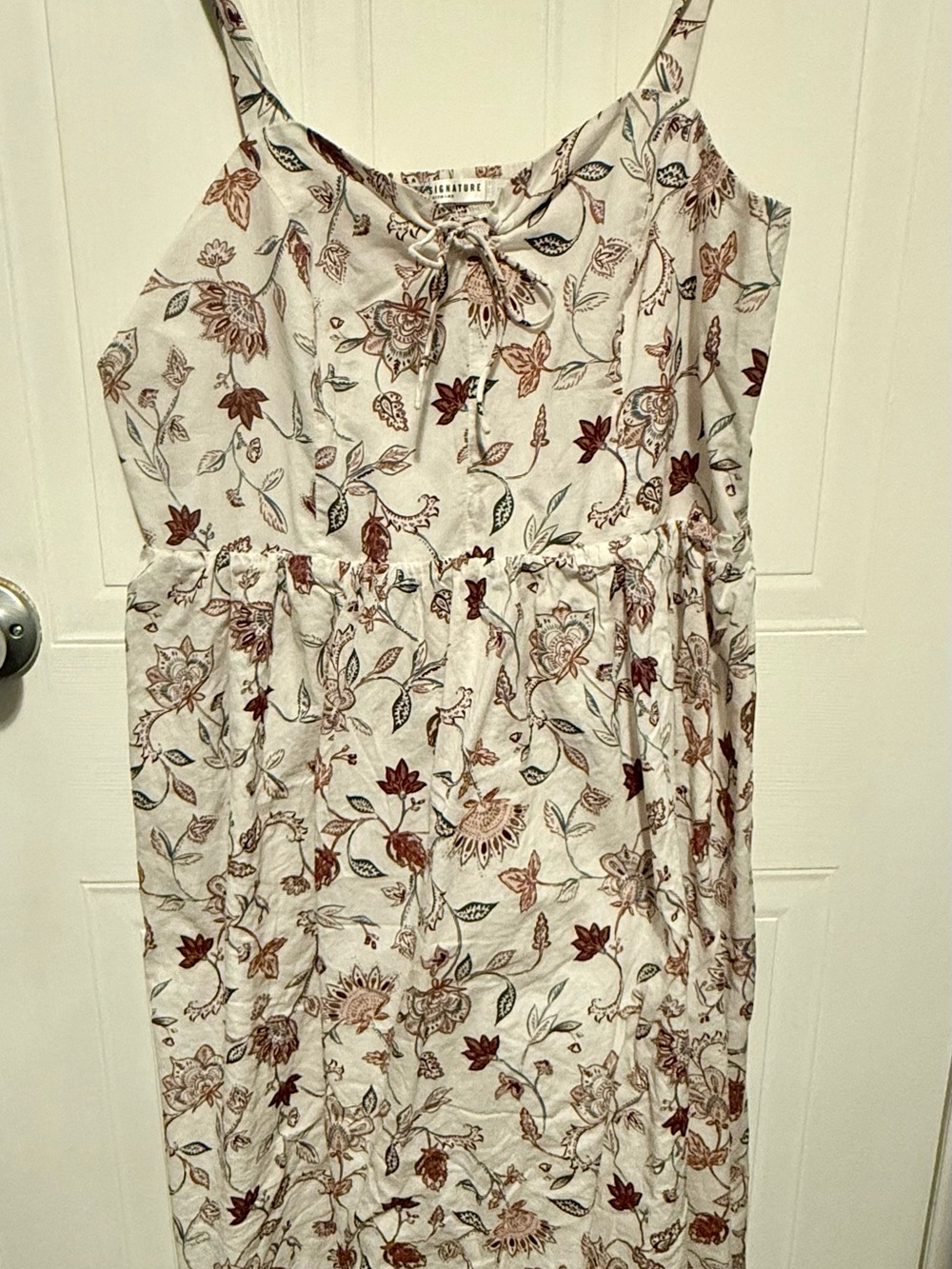 Floral Tie-Front Linen Blend Midi Sundress - Cream with Rust & Green Print